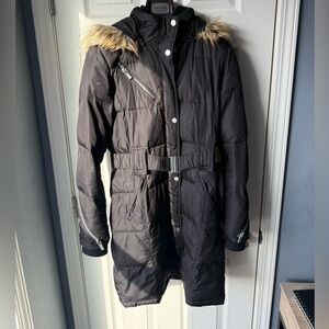 Rachel Roy long black puffer coat. Detachable hood. Size M